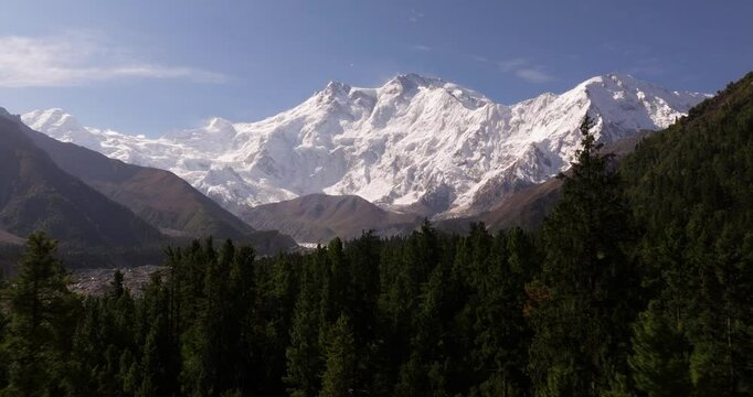 Cinematic Aerial View Above Fairy Meadows, Capturing Nanga Parbat, Lush Green Landscape