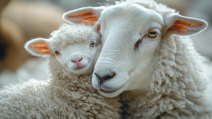 Mother sheep and lamb sharing a tender moment