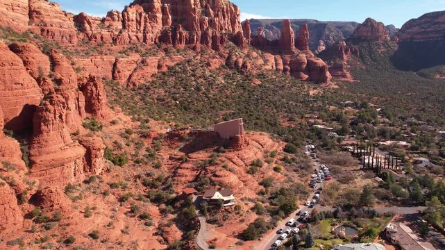 Chapel of Holy Cross in Sedona Arizona USA, Aerial View of Modern Church Under Red Rocks