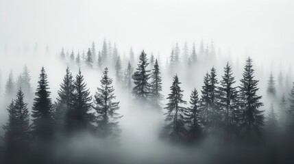 Misty forest with tall trees shrouded in fog against a muted backdrop.