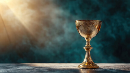 chalice representing the Eucharist, placed on an altar against grunge dark blue background with copy space for all saints' day banner.