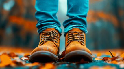 As colorful leaves blanket the ground, a person stands firmly in rugged boots, enjoying the serenity of a peaceful forest. The rich hues of autumn envelop the scene