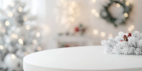 A festive white table adorned with a frosted wreath in a cozy holiday setting.