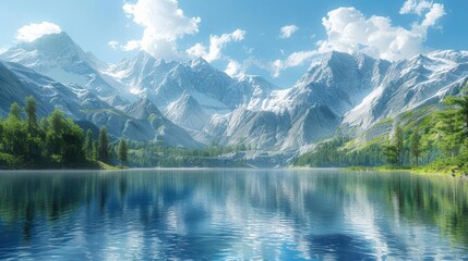 Fototapeta premium Scenic mountain landscape with a serene lake and blue sky, tranquil and breathtaking.