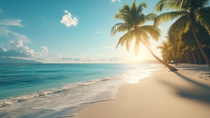 Tranquil beach with palm trees under bright sunlight 