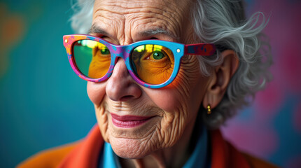 Vibrant Portrait of Elderly Individual Wearing Colorful Glasses – Celebrating Age, Style, and Personality Through Photography