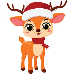 Cute reindeer cartoon wearing christmas hat