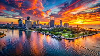 Fototapeta premium Stunning Milwaukee Skyline at Sunset with Vibrant Colors Reflecting on Lake Michigan's Surface