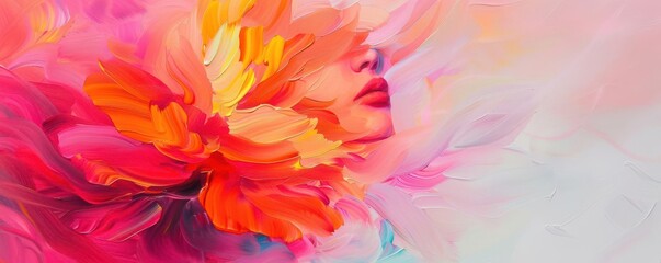 Vibrant abstract portrait merging floral elements with vivid colors.