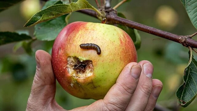 Close up of a worm on an apple that is starting to spoil