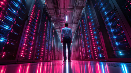 cybersecurity expert stands in data center surrounded by glowing server racks, showcasing advanced technology and vibrant atmosphere. scene reflects innovation and security in digital age