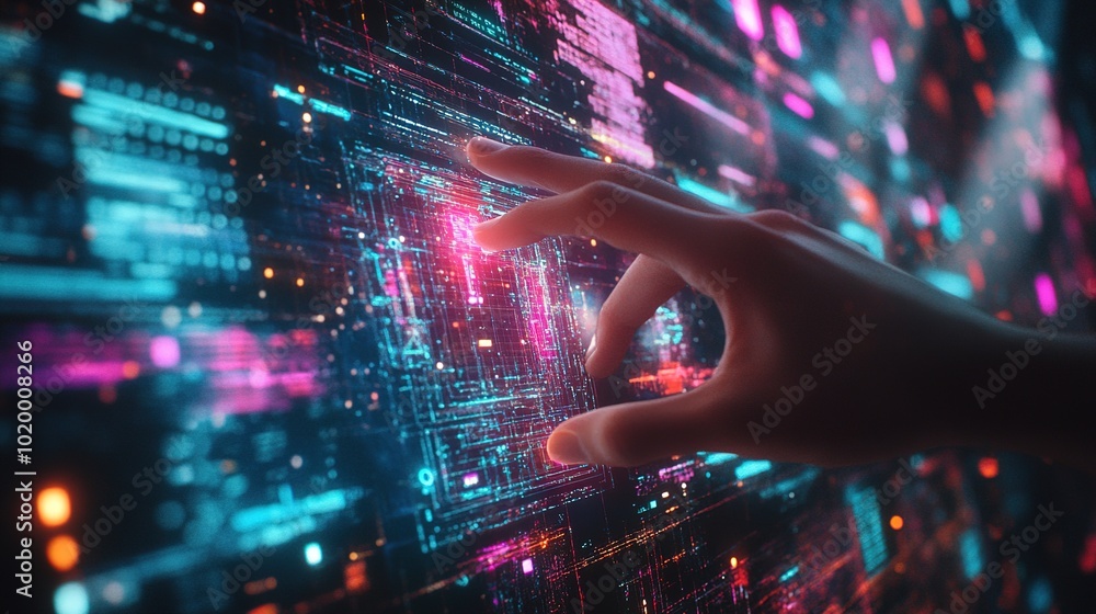 Poster futuristic interface interaction with digital elements