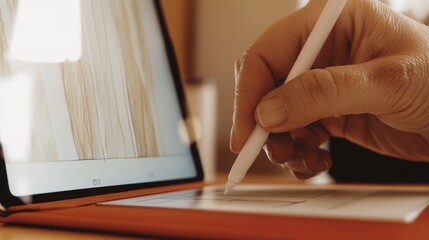 A hand using a stylus to sketch on a tablet, showcasing the process of digital drawing and creativity on a touchscreen.