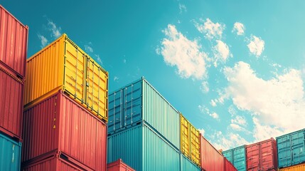 Fototapeta premium Cargo Containers Stacked Against a Blue Sky