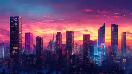 Obraz premium Neon City Skyline at Dusk