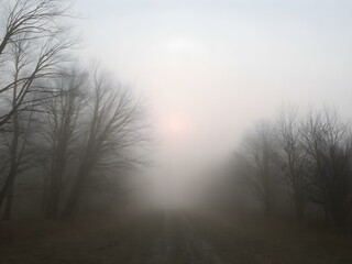 Obraz premium A quiet morning with a misty sky, the sun rising slowly and casting a gentle glow through the fog, creating an ethereal atmosphere 