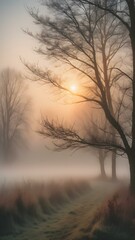 Obraz premium A quiet morning with a misty sky, the sun rising slowly and casting a gentle glow through the fog, creating an ethereal atmosphere 