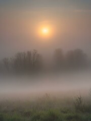 A quiet morning with a misty sky, the sun rising slowly and casting a gentle glow through the fog, creating an ethereal atmosphere
