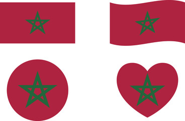 Morocco flags set. Circle icon. waving flag. heart shape icon. Various designs	