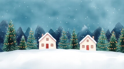 Fototapeta premium A serene winter scene with charming houses, snow-covered landscape, and festive trees under a soft, cloudy sky