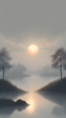 Fototapeta premium A quiet morning with a misty sky, the sun rising slowly and casting a gentle glow through the fog, creating an ethereal atmosphere 