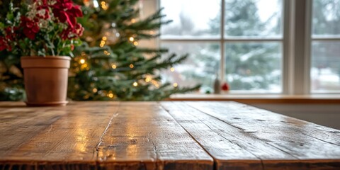 A warm wooden table with a festive plant, adorned by a Christmas tree in the background.