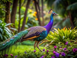 Obraz premium Stunning Purple Peahen Strutting Gracefully in Lush Greenery of Tropical Paradise Wildlife Scene