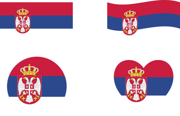 Serbia flags set. Circle icon. waving flag. heart shape icon. Various designs	