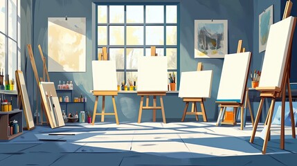An Artist's Studio with Multiple Easel Canvases and Art Supplies