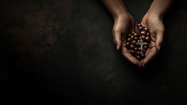 A rosary draped held in praying hands on dark background with copy space for all saints' day background banner. - Powered by Adobe