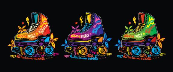 Roller skates with flowers on the background. Original vector illustration in vintage style. T-shirt design.