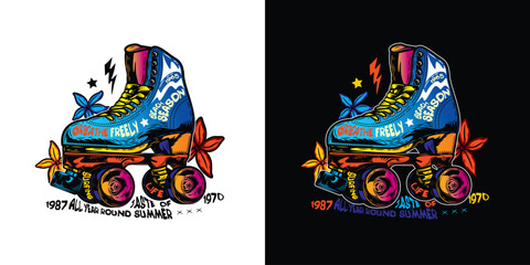 Roller skates with flowers on the background. Original vector illustration in vintage style. T-shirt design.