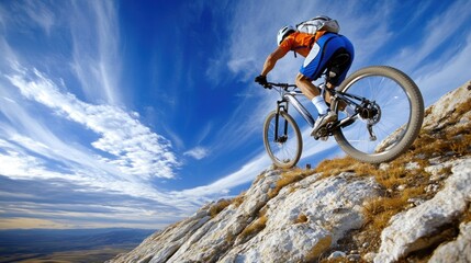 A mountain biker descends a rocky slope under a vibrant sky.