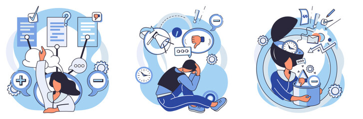 Critical thinking. Three stages are visualized with person analyzing data, contemplating solutions, and making decisions. Ideal for education, problem-solving, brainstorming sessions, productivity