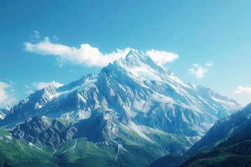 Fototapeta premium Majestic mountain peak under a clear blue sky with lush greenery below.