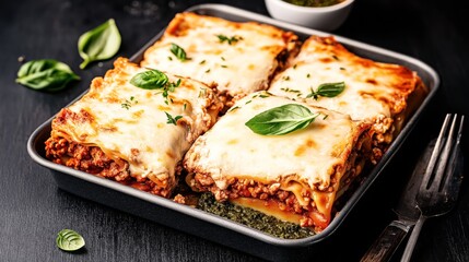 Baked lasagna with layers of pasta, meat sauce, and melted cheese in a baking dish, garnished with fresh basil leaves on a dark wooden table
