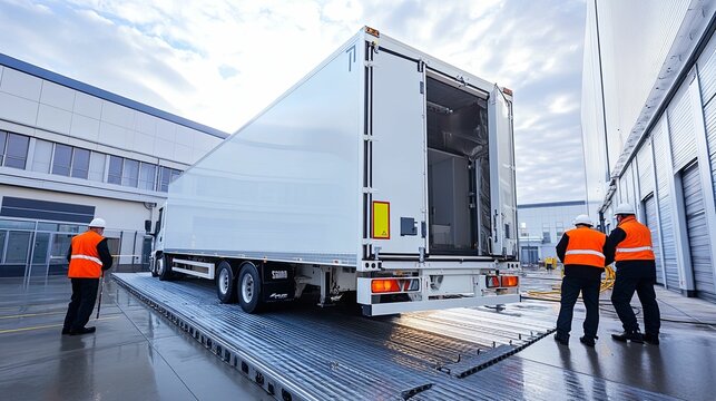 White Semi-trailer Truck with Open Doors and Workers in Safety Vests
