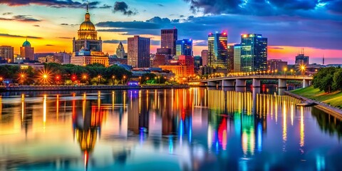 Fototapeta premium Stunning St Paul Minnesota Skyline at Dusk with Colorful Lights Reflecting on the River Water