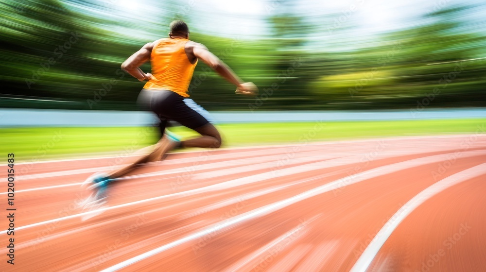 Poster a blurred image of a sprinter racing on a track, capturing motion and speed.