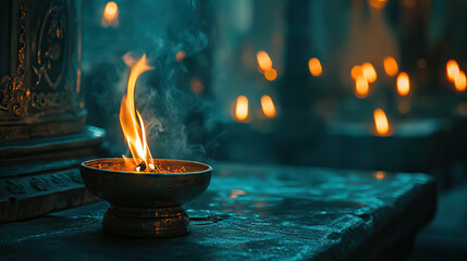 An eternal flame burning in a shrine with copy space for all saints' day background banner.