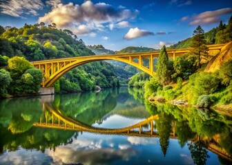 Obraz premium Stunning view of a golden bridge spanning a serene river with lush greenery in Portugal landscape