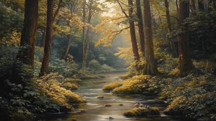 Obraz premium A serene forest landscape with a gentle stream flowing through lush greenery and sunlight filtering.