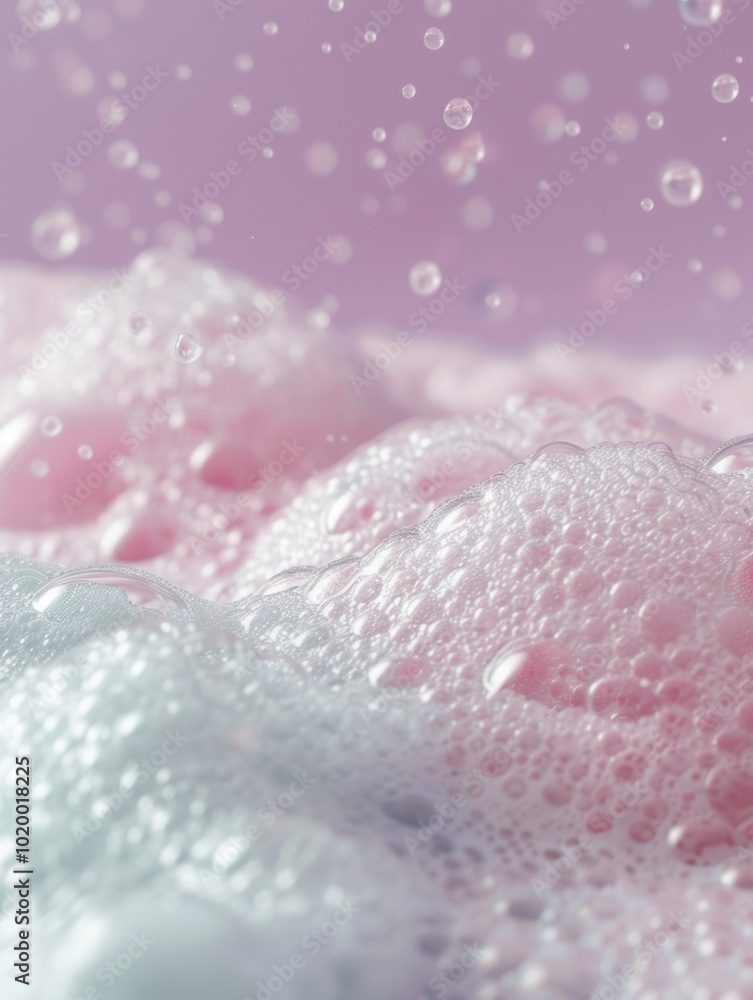 Poster A tranquil bath features a surface of colorful bubbly foam with droplets dancing above, creating a peaceful and relaxing ambiance. Generative AI