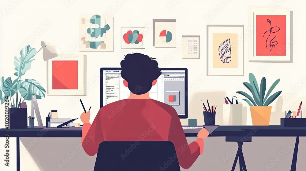 Poster a person sitting at a desk using a computer with artwork on the walls