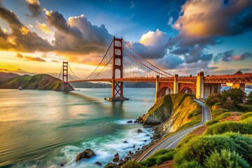Fototapeta premium Stunning view of the iconic Golden Gate Bridge surrounded by beautiful bay water and scenic landscape