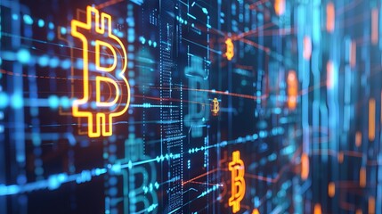 Obraz premium Global digital blockchain network with flowing information and binary code data cells - 3D illustration of distributed ledger and data exchange