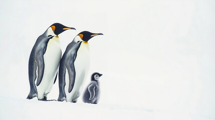 Fototapeta premium A family of yellow-eyed penguins standing together on the snow-covered surface, with one baby chick in between them. The scene is set against an icy white background, emphasizing their elegant black a