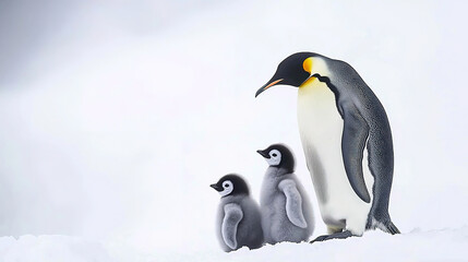 Naklejka premium A family of yellow-eyed penguins standing together on the snow-covered surface, with one baby chick in between them. The scene is set against an icy white background, emphasizing their elegant black a