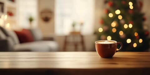 A cozy living room scene with a warm cup of coffee and festive holiday lights.