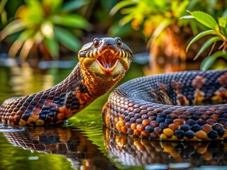 Fototapeta premium Stunning Water Moccasin Snakes in Their Natural Habitat Captured in High-Resolution Photographs